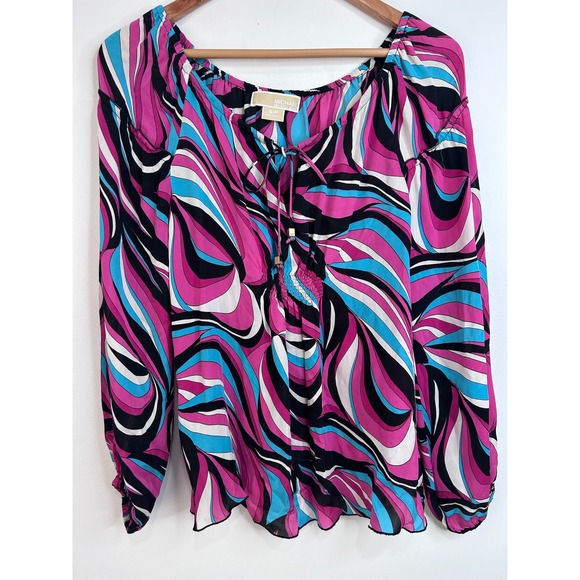 Michael Kors Tops - Michael Kors Silk Peasant Blouse Pink Blue Psychedelic Swirl Off Shoulder Small